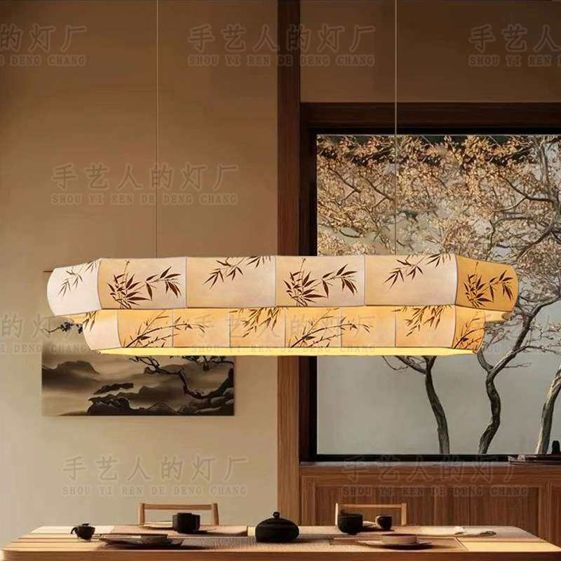新中式宋代美学长方形双层彩绘竹叶印花餐厅长吊灯茶室吧台布艺灯