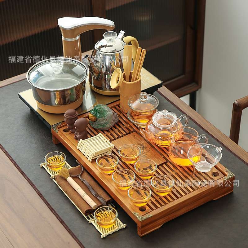 实木茶盘套装陶瓷功夫紫砂玻璃茶具茶杯整套带电磁炉家用茶台茶海