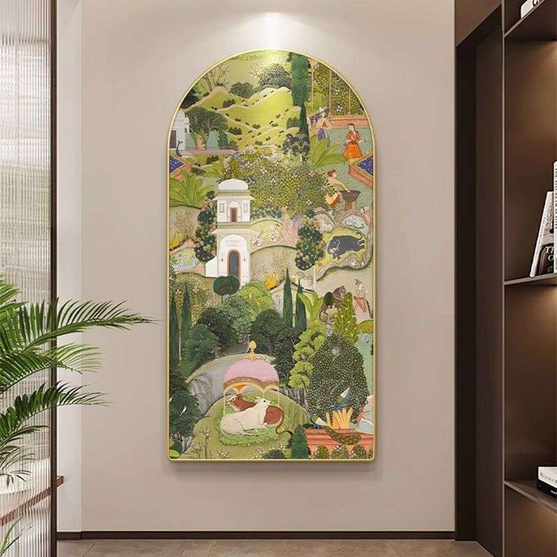 法式入户玄关装饰画复古花鸟拱形壁画轻奢奶油风走廊过道竖版壁纸