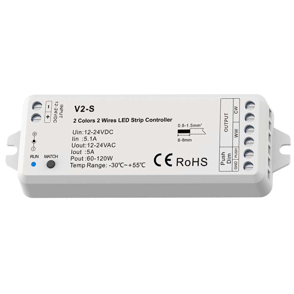 V2-C 12-24VDC3按键2通道恒压CCT LED RF PUSH调光器 PWM频率可选