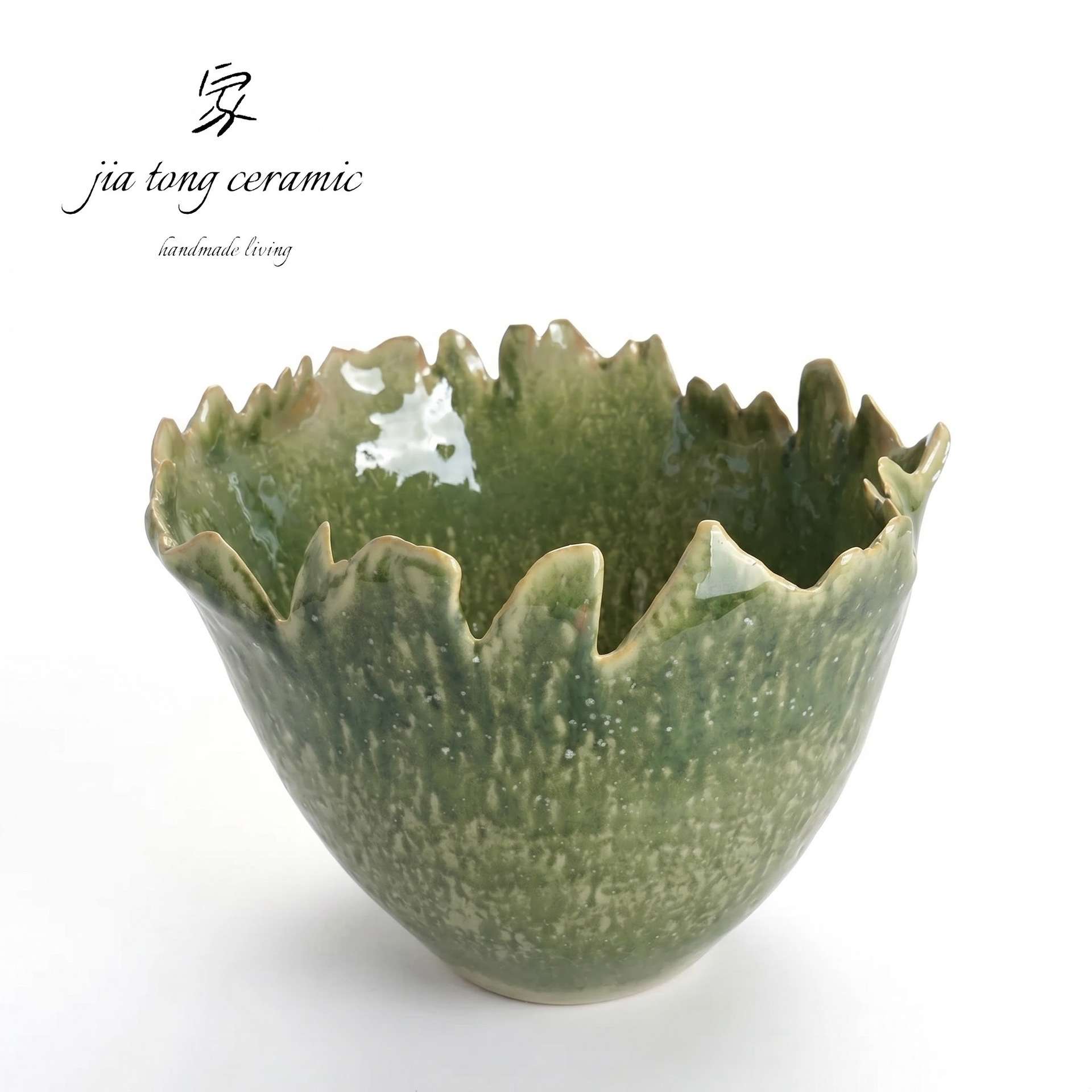 景德镇陶瓷花边碗手工制作绿色窑变釉精品陶瓷工艺品