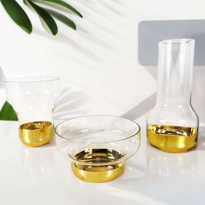 电镀金色玻璃花瓶果盘套装 家用客厅茶几高档轻奢软装饰品