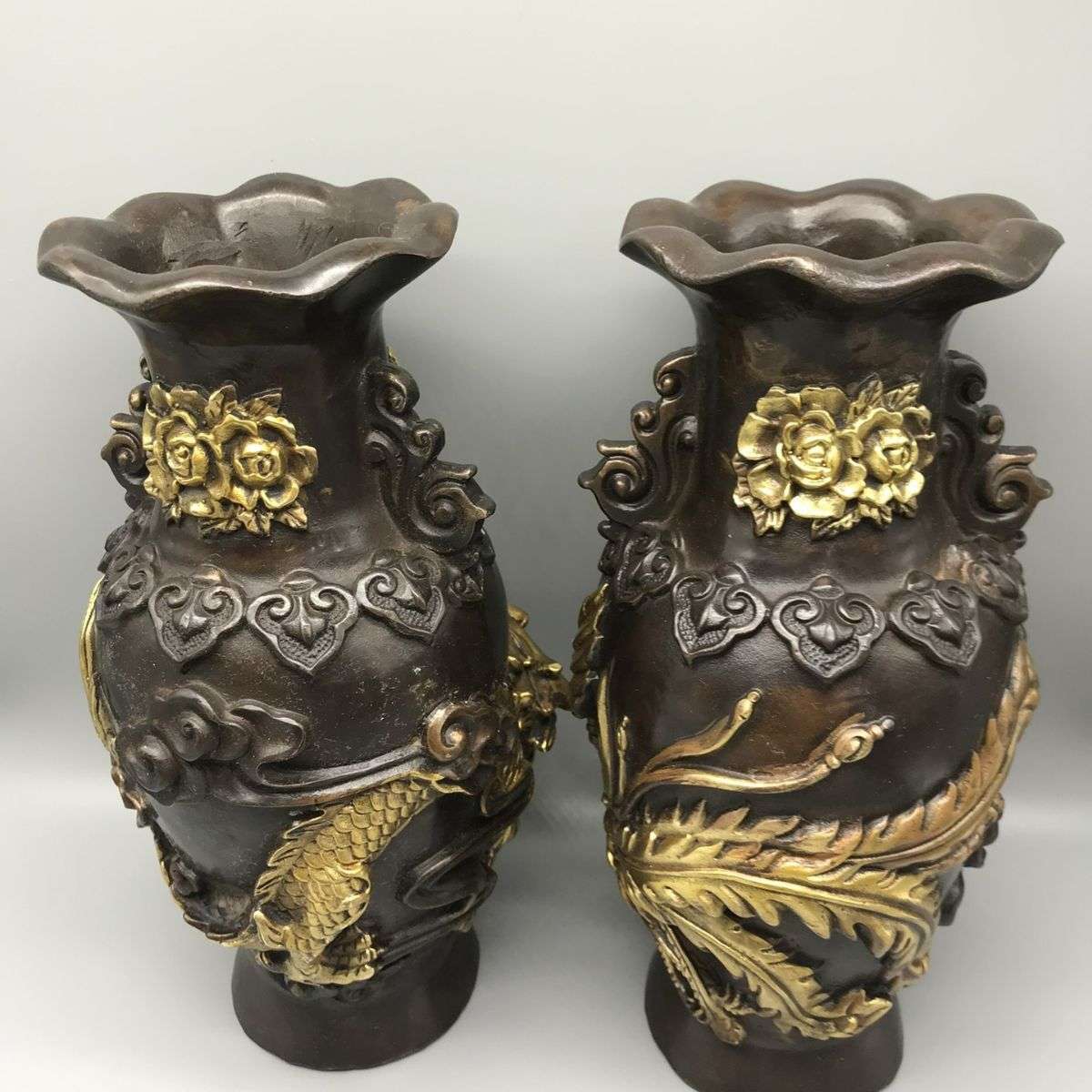 纯铜龙凤花瓶摆件仿古点金花瓶一对家居客厅工艺品装饰品摆设