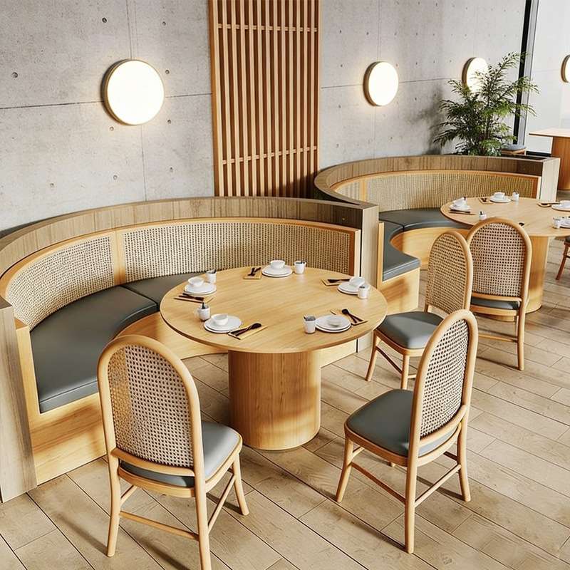 西餐厅实木桌椅组合咖啡厅编藤椅子火锅店餐桌茶餐厅靠墙卡座商用
