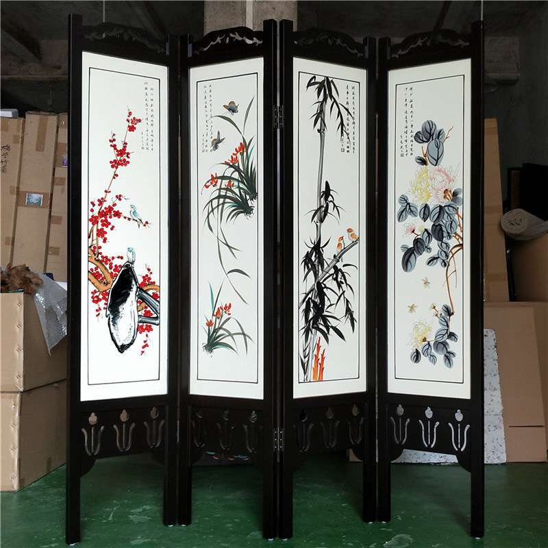 四季花屏风白色底双面手绘梅兰竹菊装饰摆件中国特色木质工艺隔断