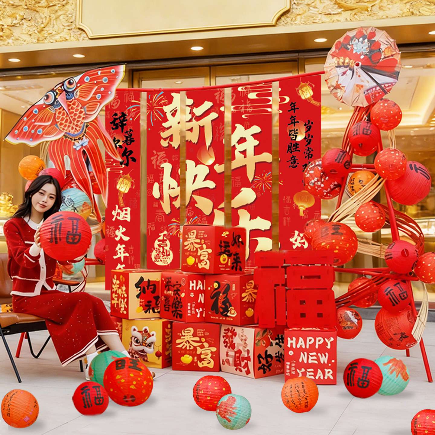 元旦新年灯笼架装饰品春节活动氛围布置马年展示架摆件套餐家用