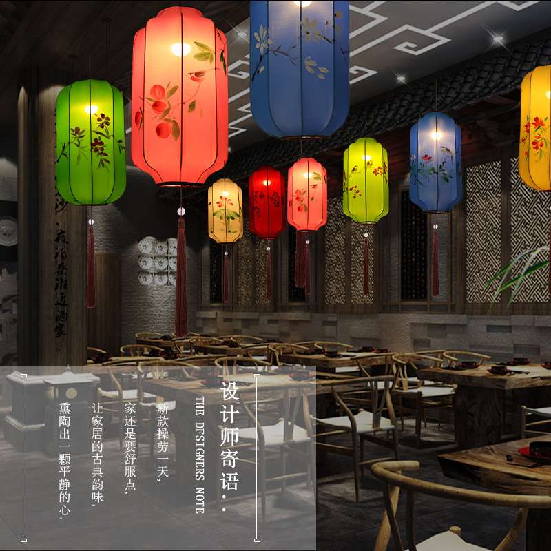 中式布艺手绘灯笼仿古典宫灯餐厅茶楼过道创意冬瓜长形布艺吊灯具