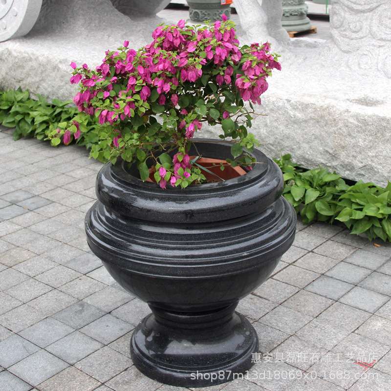 厂家直销花岗岩石雕花盆欧式简约黑色 广场庭院公园精美石头花钵