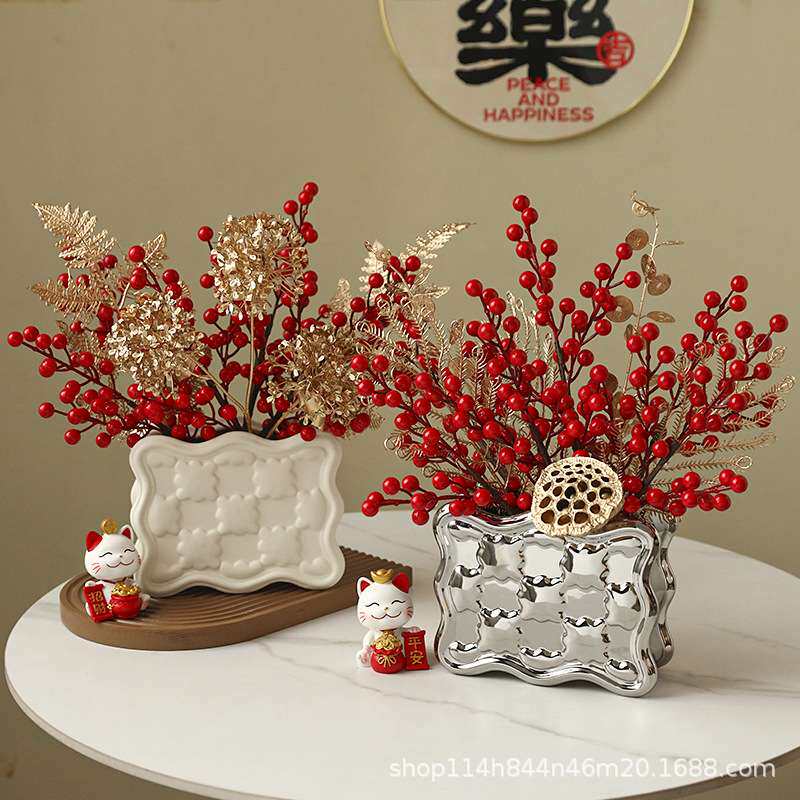 2023新年红果发财果假花仿真花客厅摆设春节氛围新年装饰花艺摆件