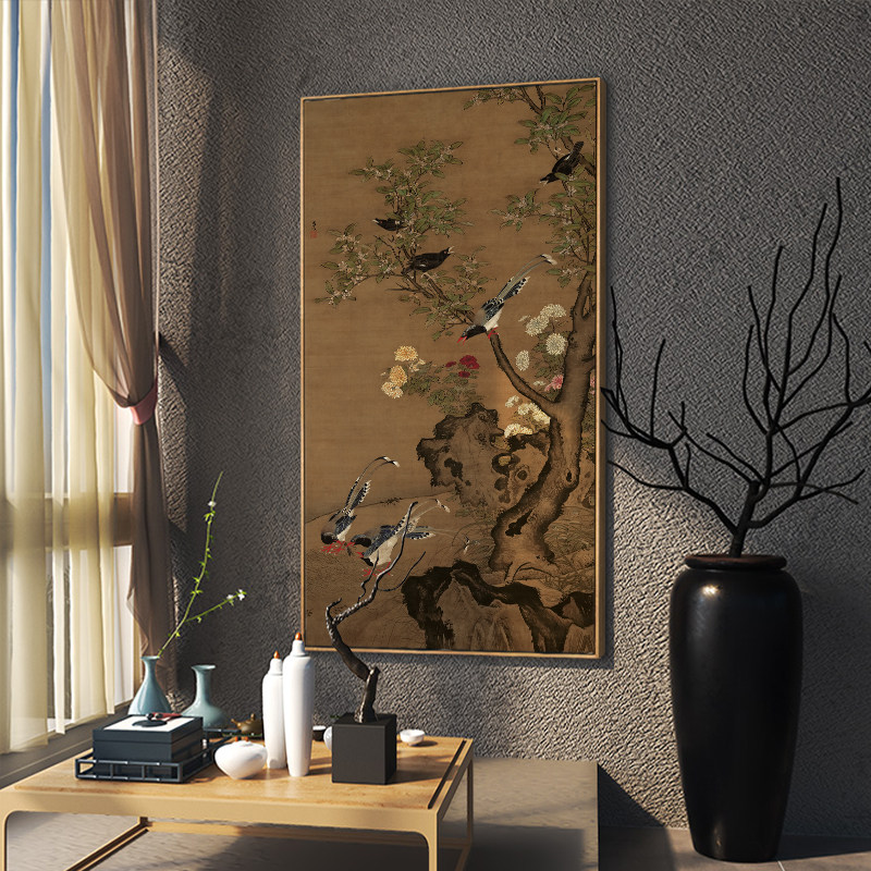 明清古典国画孔雀玄关竖版挂画客厅走廊过道茶室背景墙复古装饰画