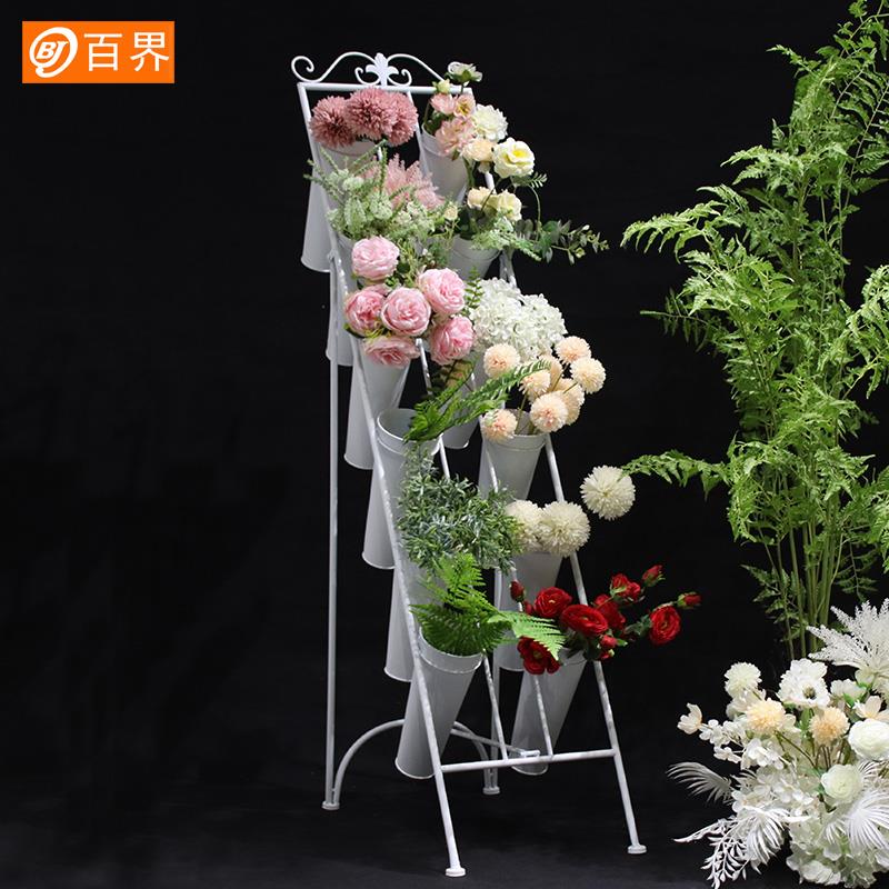 百界铁艺花店束鲜花展示架多层阶梯花架子养花桶插花筒落地展示架