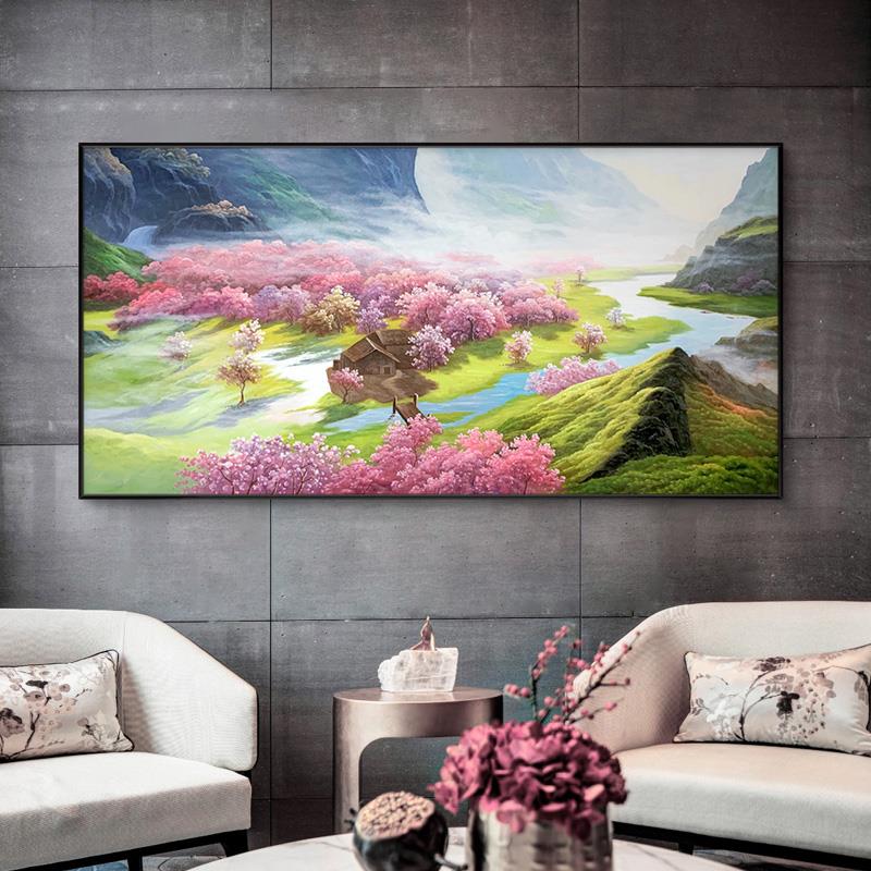 纯手绘油画新中式风景壁画客厅卧室餐厅横幅装饰画轻奢挂画桃花源