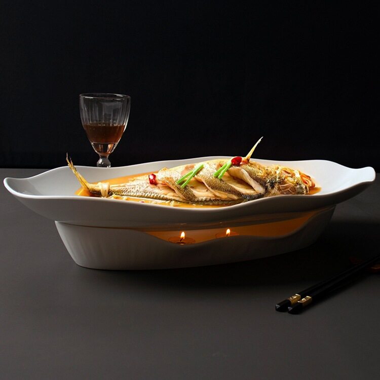 鱼盘龙虾盘蜡烛加热明炉酒店饭店保温菜盘子创意特色餐具大号鱼盘