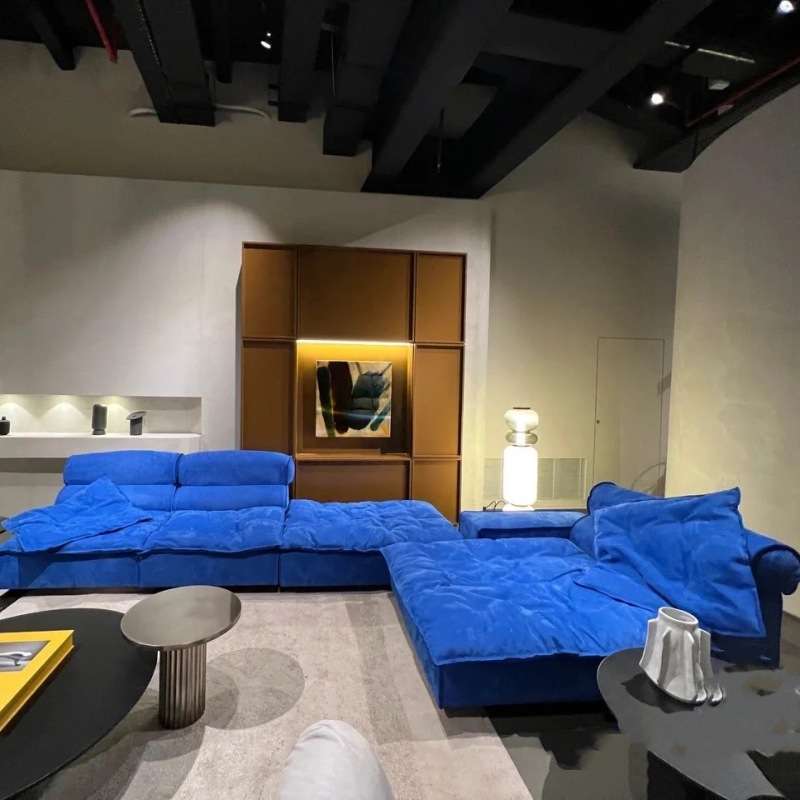 意式慵懒风羽绒沙发极简客厅磨砂绒沙发迈阿密沙发贵妃位脚踏沙发