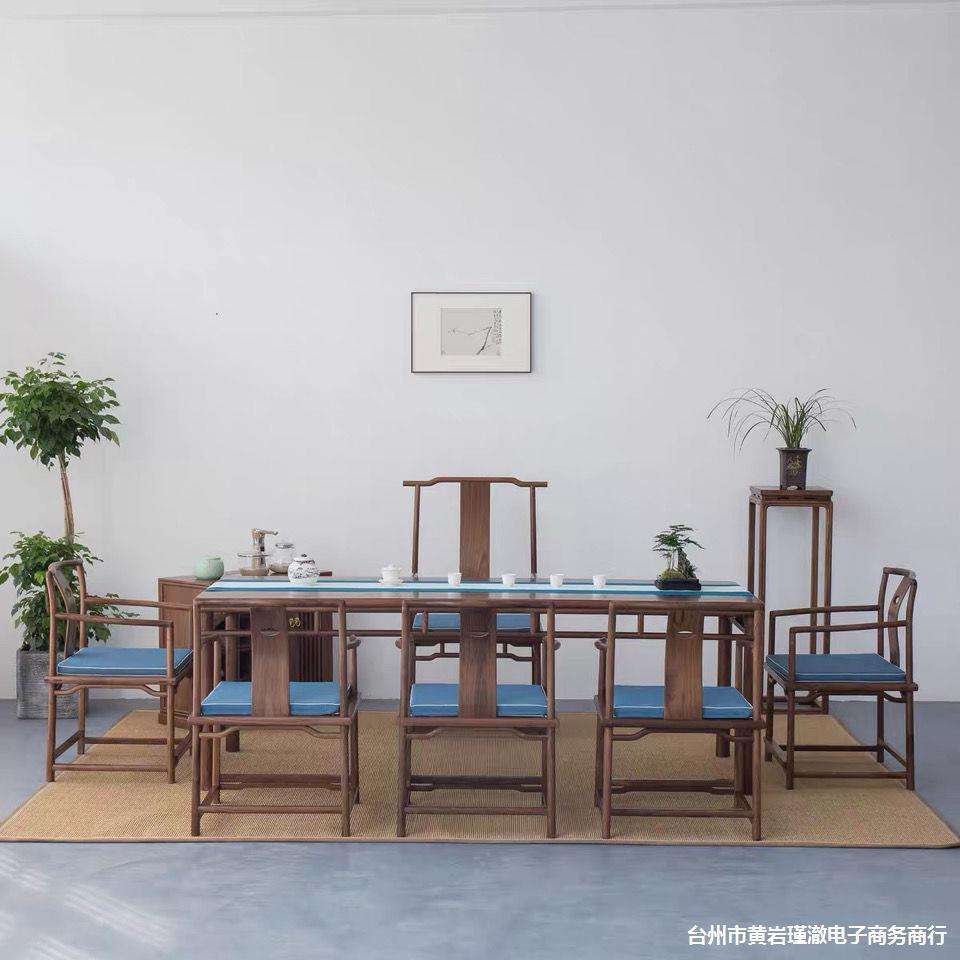 新中式实茶桌椅组合老榆茶台黑胡桃茶艺桌茶室泡茶桌茶几简约