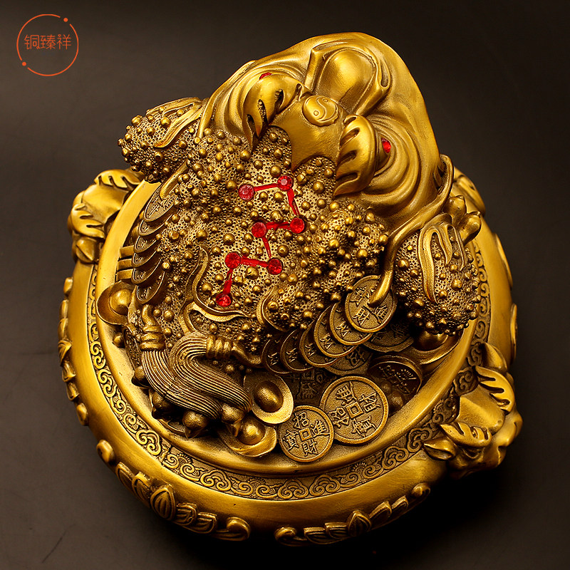 纯黄铜招财金蟾加聚宝盆金蛤蟆摆件带底座八方来财吧台办公桌摆件