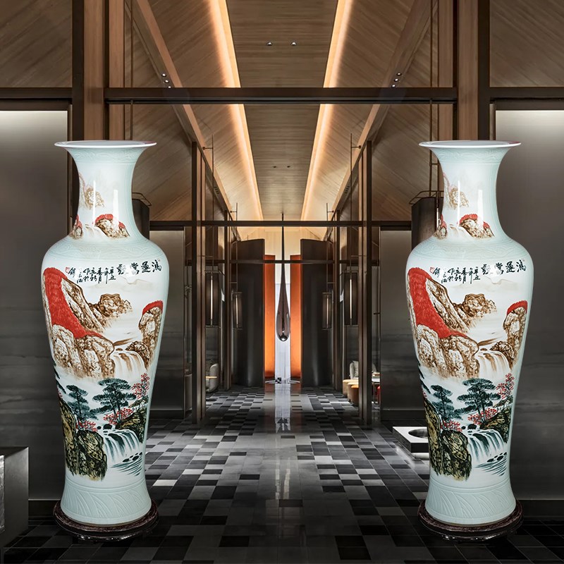 鸿运当头高端手绘陶瓷大花瓶景德镇客厅酒店公司开业落地摆件送礼