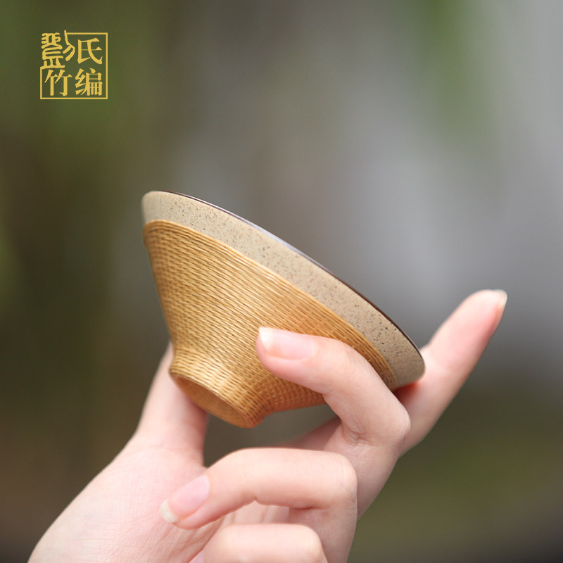 刘氏竹编竹丝扣瓷手工手绘粗陶斗笠杯主人杯品茗杯特色伴手礼品