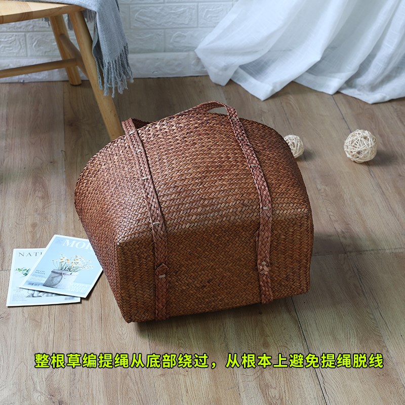 文艺草编手提篮编织收纳筐大号田园风织草脏衣篮复古风玩具收纳篮
