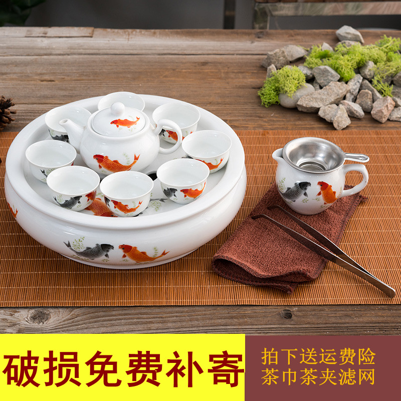 潮汕功夫茶 茶具套装 白色玉瓷青花瓷 整套带圆形陶瓷茶盘家用
