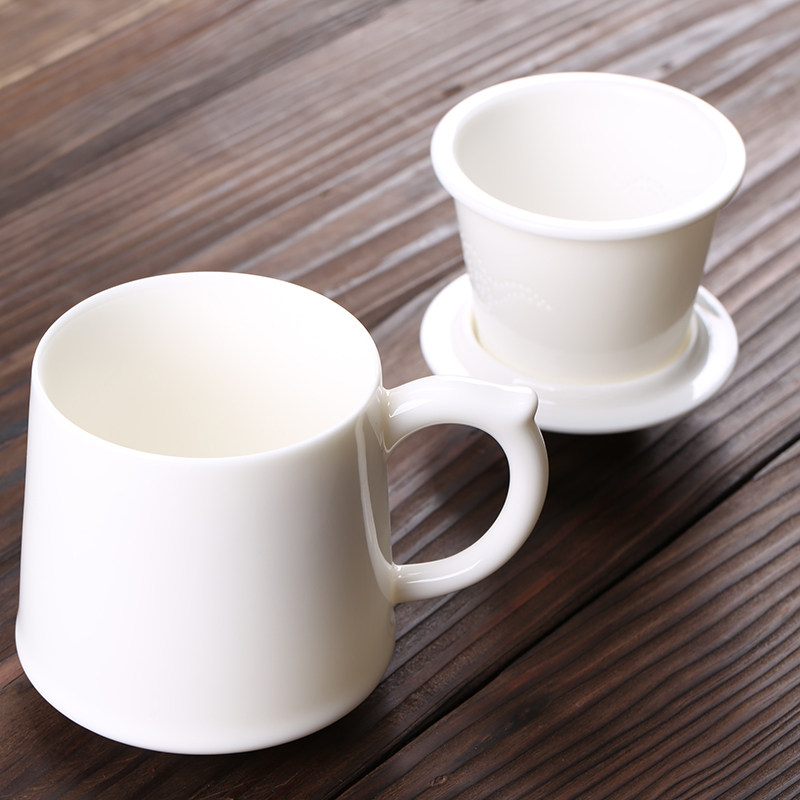 陶瓷杯子过滤茶杯个人专用水杯大容量羊脂玉瓷茶水分离白瓷办公杯