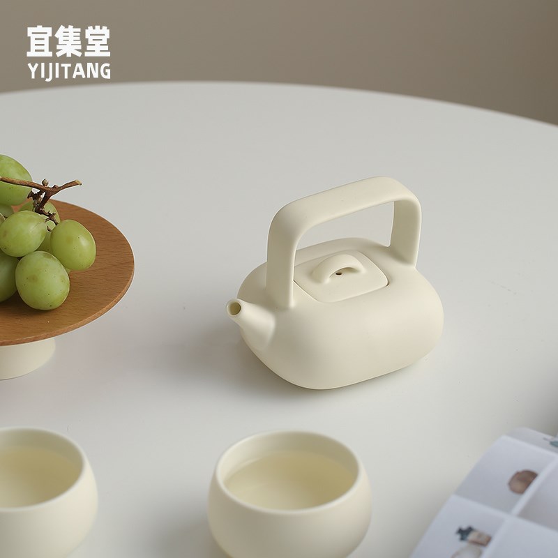 宜集堂方文壶奶油风提梁茶壶泡茶陶瓷茶具酒店民宿样板间装饰摆件