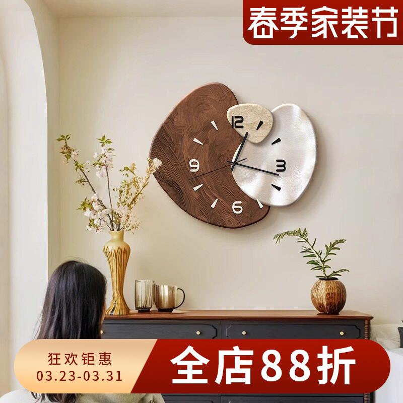 中古风石来运转客厅挂钟装饰画创意静音时钟家用墙壁灯餐厅钟表画