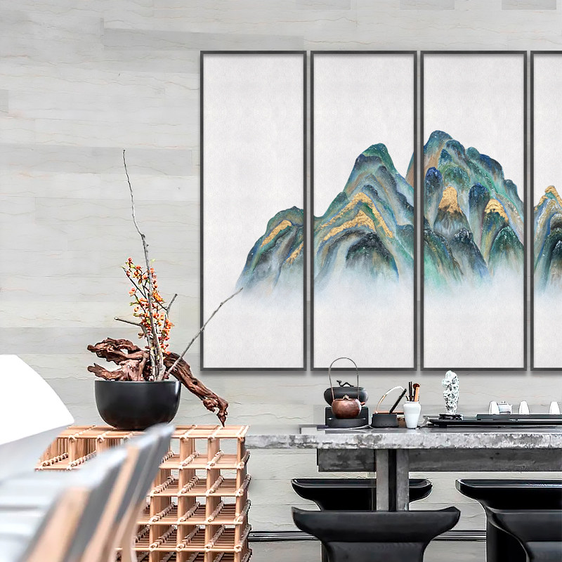 新中式山水立体装饰壁画客厅玄关酒店沙发背景墙四联挂画