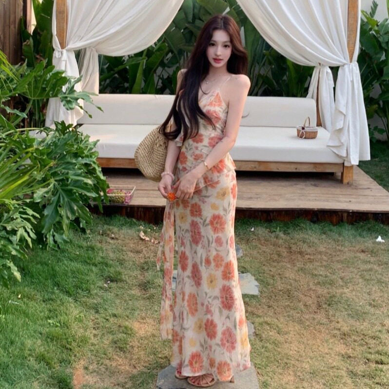 度假风碎花吊带连衣裙女