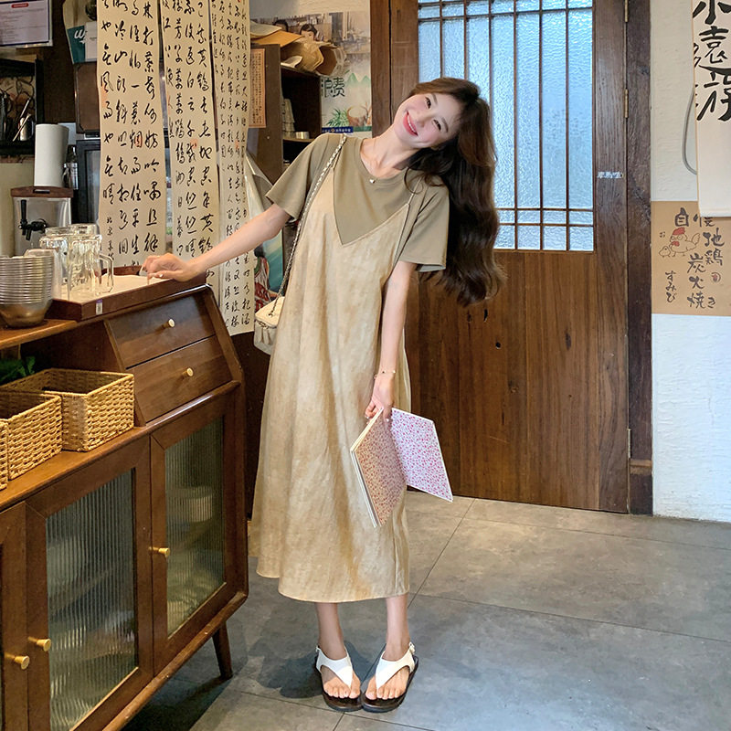实拍卡其色假两件吊带连