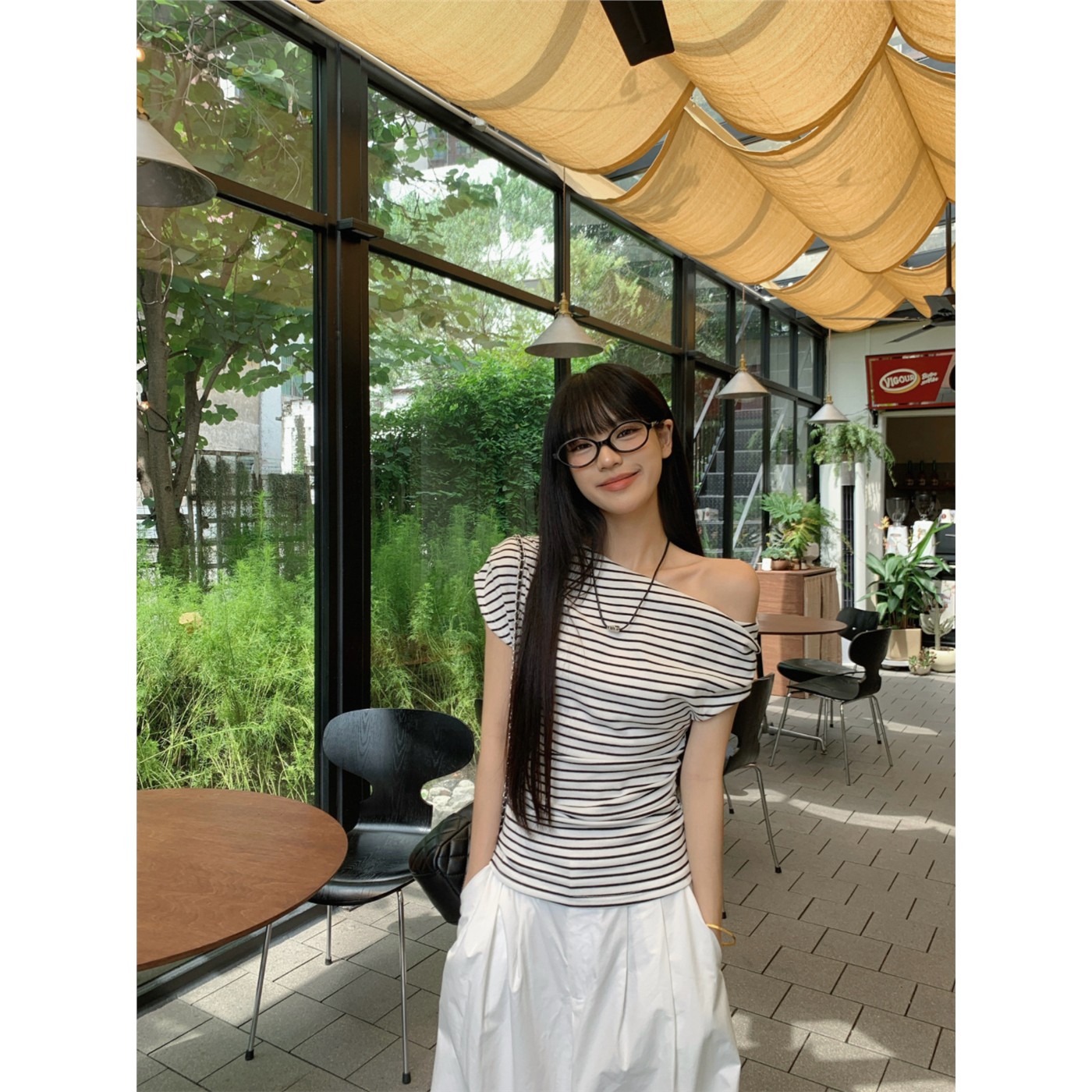 设计感斜肩短袖T恤女2026