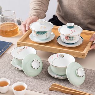 潮汕三才盖碗茶杯大中号白瓷单个青瓷功夫泡喝敬沏陶瓷茶具中式