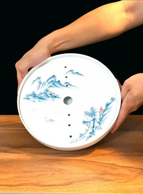潮汕高白陶瓷圆形茶盘储水中式茶盘家用彩绘绘山水简约小茶台茶船