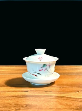 潮汕手绘粉荷白瓷高温三才碗陶瓷盖碗白瓷茶具中式泡茶碗敬茶碗