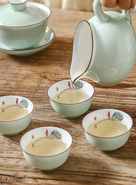 潮汕青瓷手绘莲蓬盖碗茶杯茶具中式套装家用客厅办公室泡茶神器