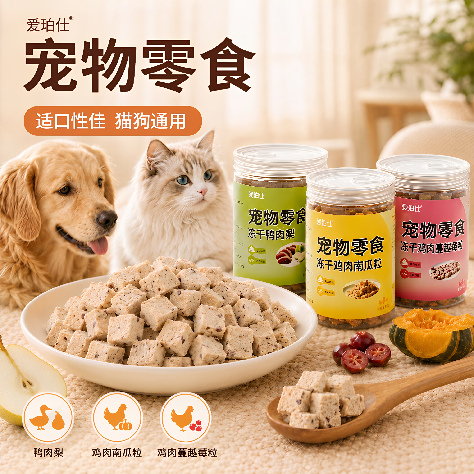 爱珀仕宠物零食猫狗通用冻干蔓越莓鸭肉梨鸡肉南瓜粒营养美味猫粮
