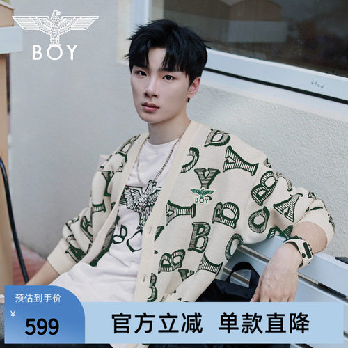 BOYLONDON男女同款外套经典logo印花学院风针织开衫N64005