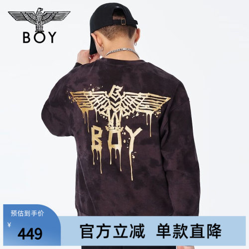 BOYLONDON春男女同款长袖金鹰LOGO黑灰满印肌理感潮流套头卫衣
