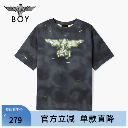 BOYLONDON夏季黑灰撞色扎染宽松纯棉短袖T恤男女潮牌上衣N01040