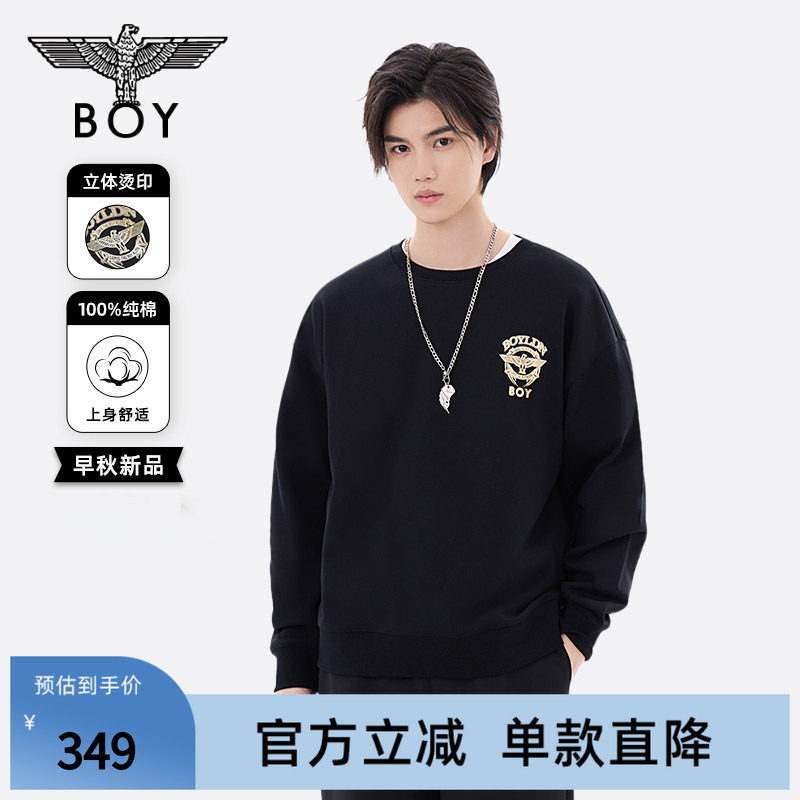 【正义勋章】BOYLONDON春季男女同款烫金潮牌黑色圆领卫衣N03901