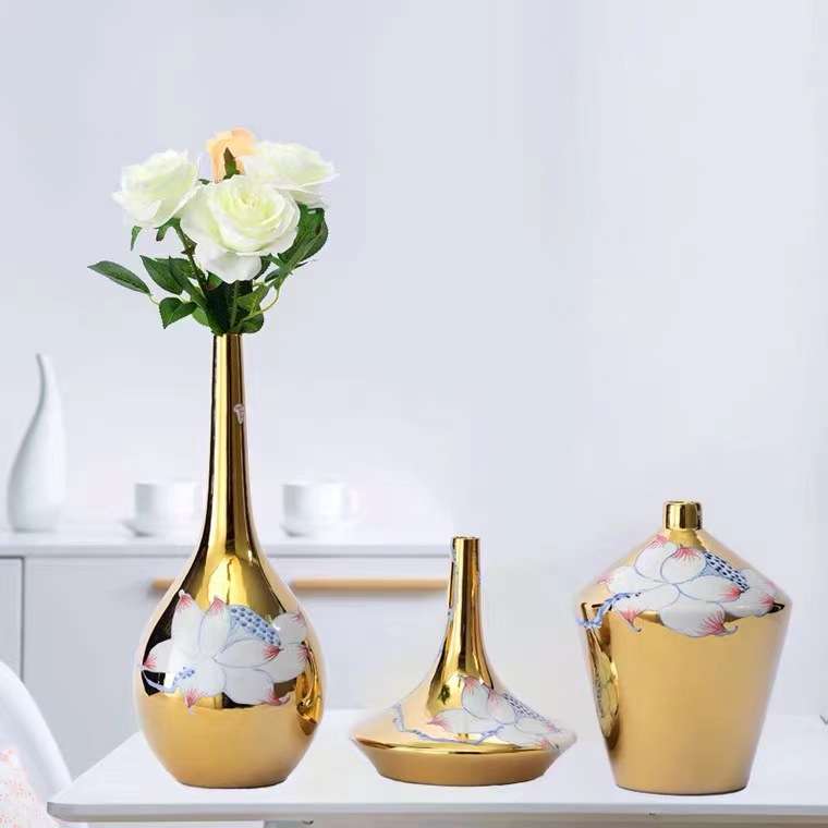 欧式后现代轻奢莲花电镀陶瓷家居工艺品摆件样板房茶几花瓶摆件