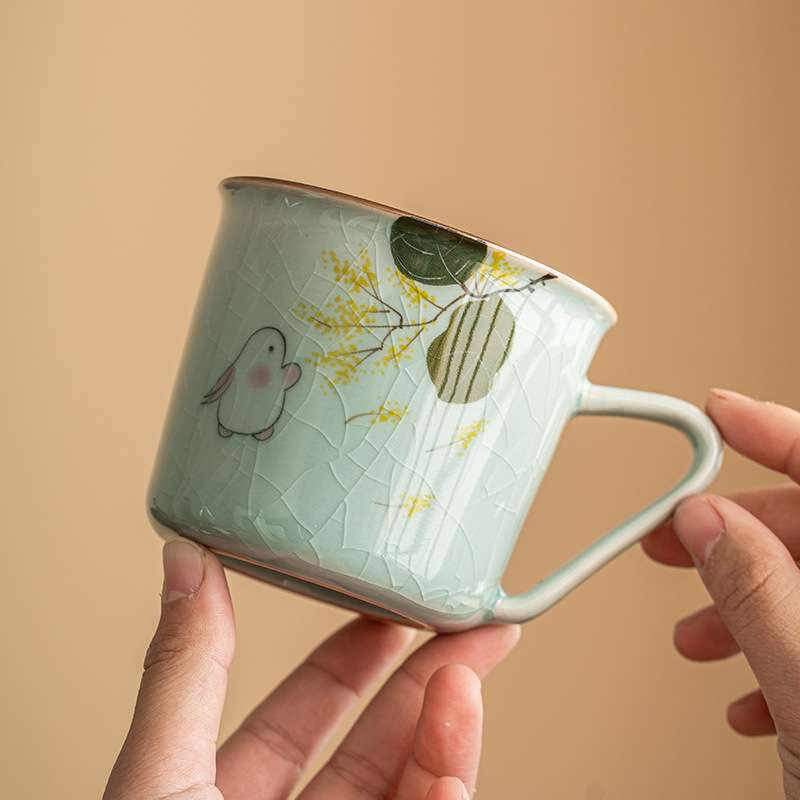 手绘月兔汝窑咖啡杯陶瓷茶杯带把防烫家用下午茶具泡茶喝水小杯子