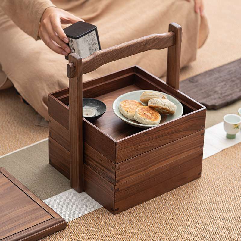 极素黑胡桃木提盒便携茶盒多层食盒收纳盒中式实木手提盒茶道摆件