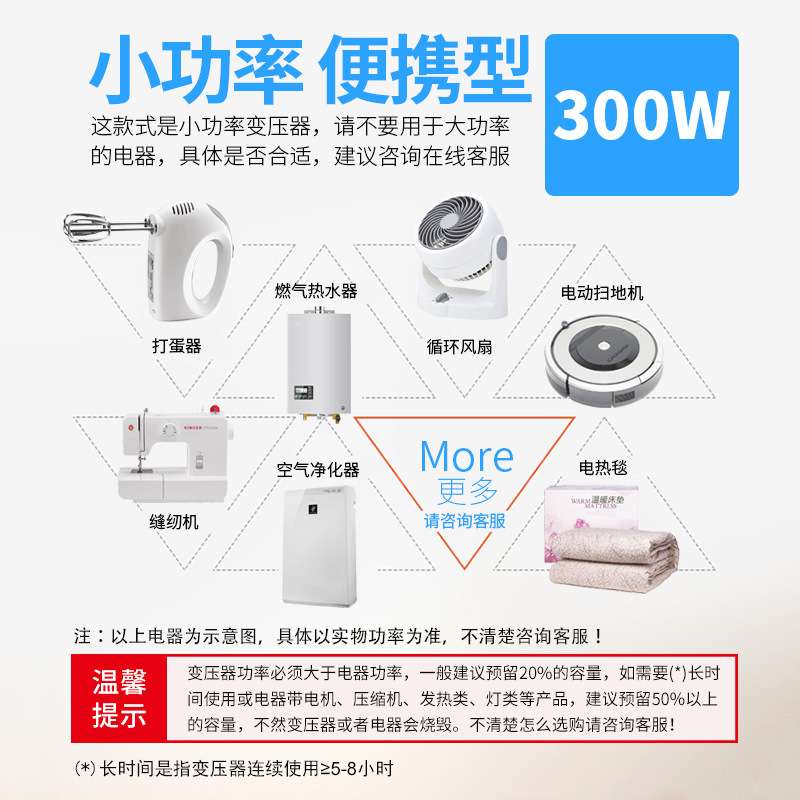 电源转换器300W变压器220V转100V/110V/120V空气净化器按摩仪500W