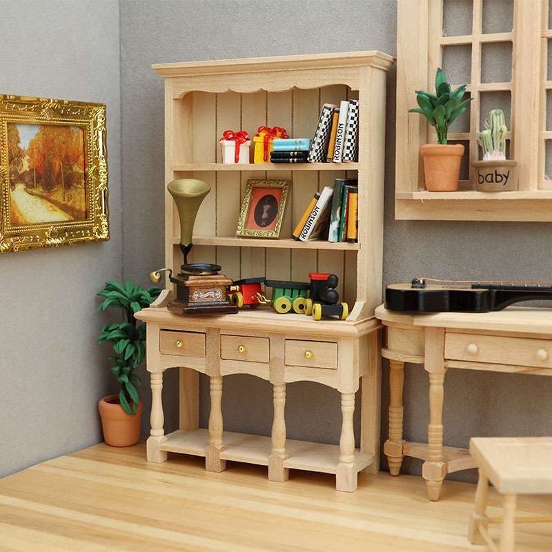 1:12迷你娃娃屋dollhouse家具微缩书房摆件木质书柜三层柜带抽屉