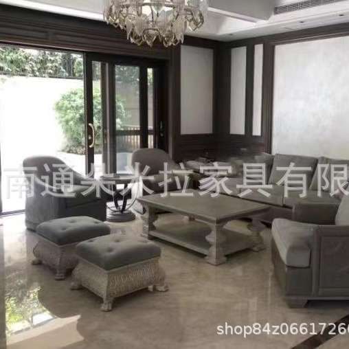 美式复古轻奢别墅客厅三人单人布艺实木沙发组合茶几脚凳组合