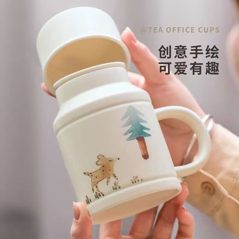 手绘暖瓶杯创意大容量喝水茶杯子马克杯陶瓷小暖壶泡茶杯茶水分离