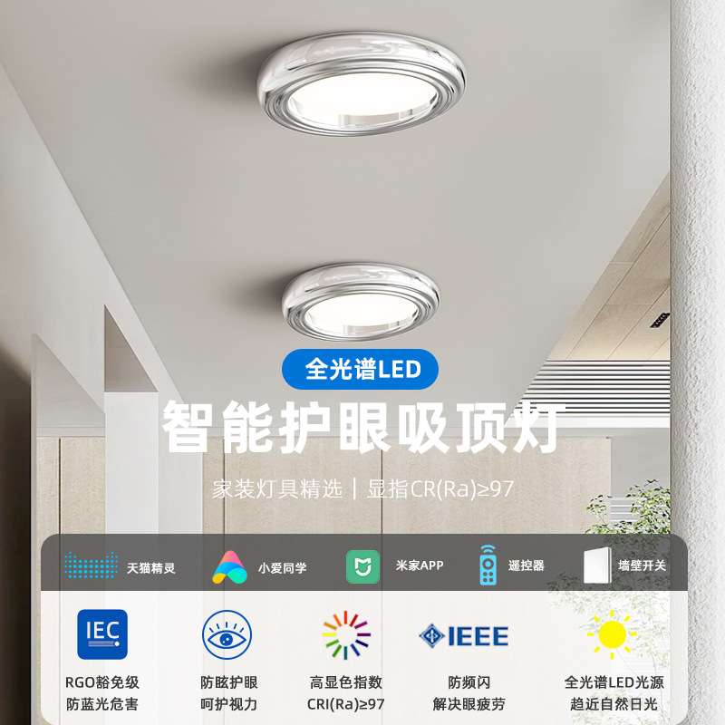 护眼LED全光谱吸顶灯语音智控简约圆形过道书房卧室儿童学习灯具
