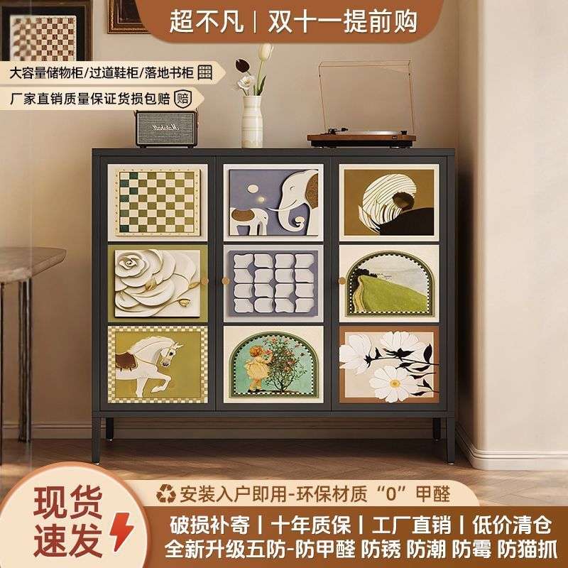 新款加厚钢制餐边柜一体靠墙中古风厨房客厅多功能储物柜法式橱柜