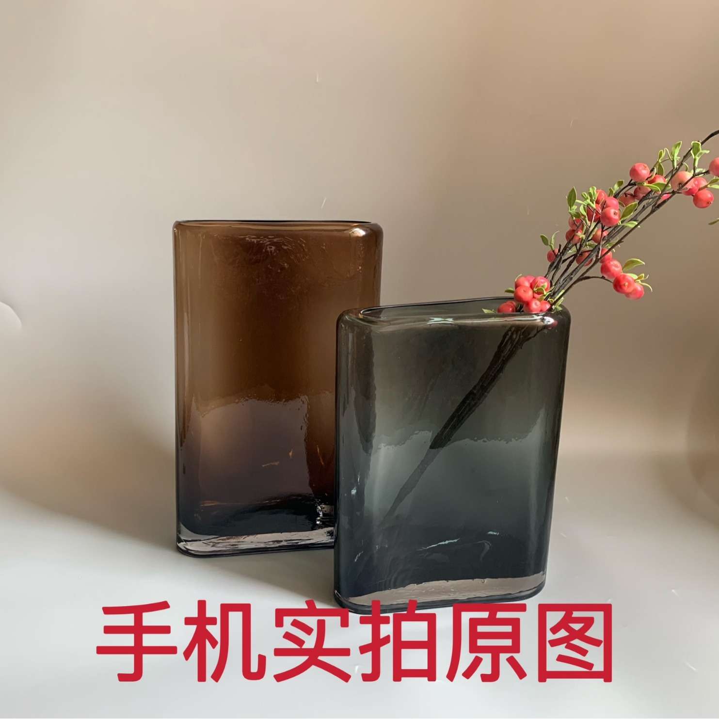 现代简约大口径琉璃花器咖色水培花瓶客厅卧室插花装饰品摆件